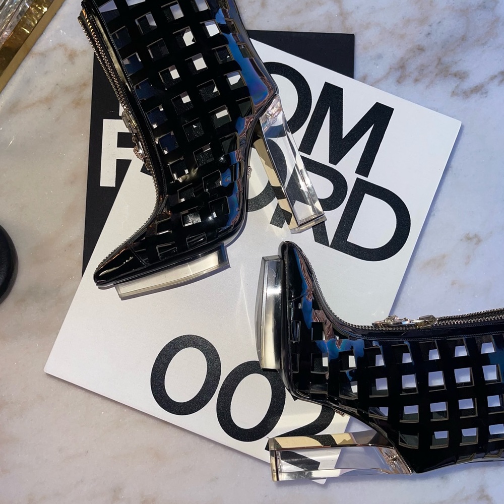 Versace Black Patent Leather Plexiglass PVC Platform Cutout Caged Boots Moody